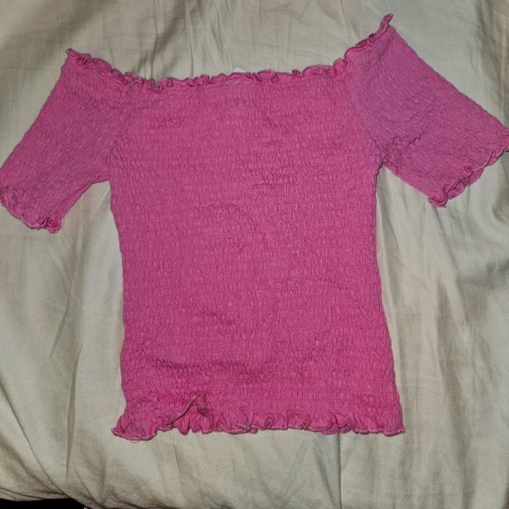 Pink off shoulder smocked top from h&m